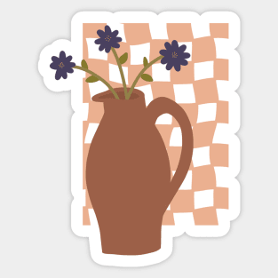 large terracotta vase with a trio of blue flowers on checkerboard background Sticker